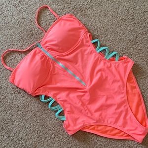 Forever 21 cutout color-block strapless swimsuit